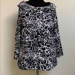 Rafaella Shirt Top-Gray Black White Leopard Print Pattern-Round Neck-Cotton-L